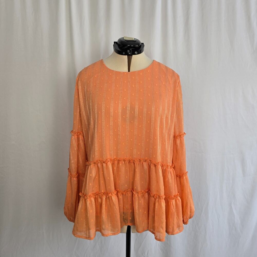 A Beautiful Soul Blouse Women's 2X *** Coral Ruffles Long Sleeves EUC